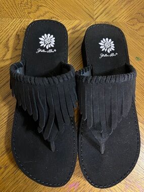 Yellow Box Black Suede Fringe Toe-Post Sandals for Women